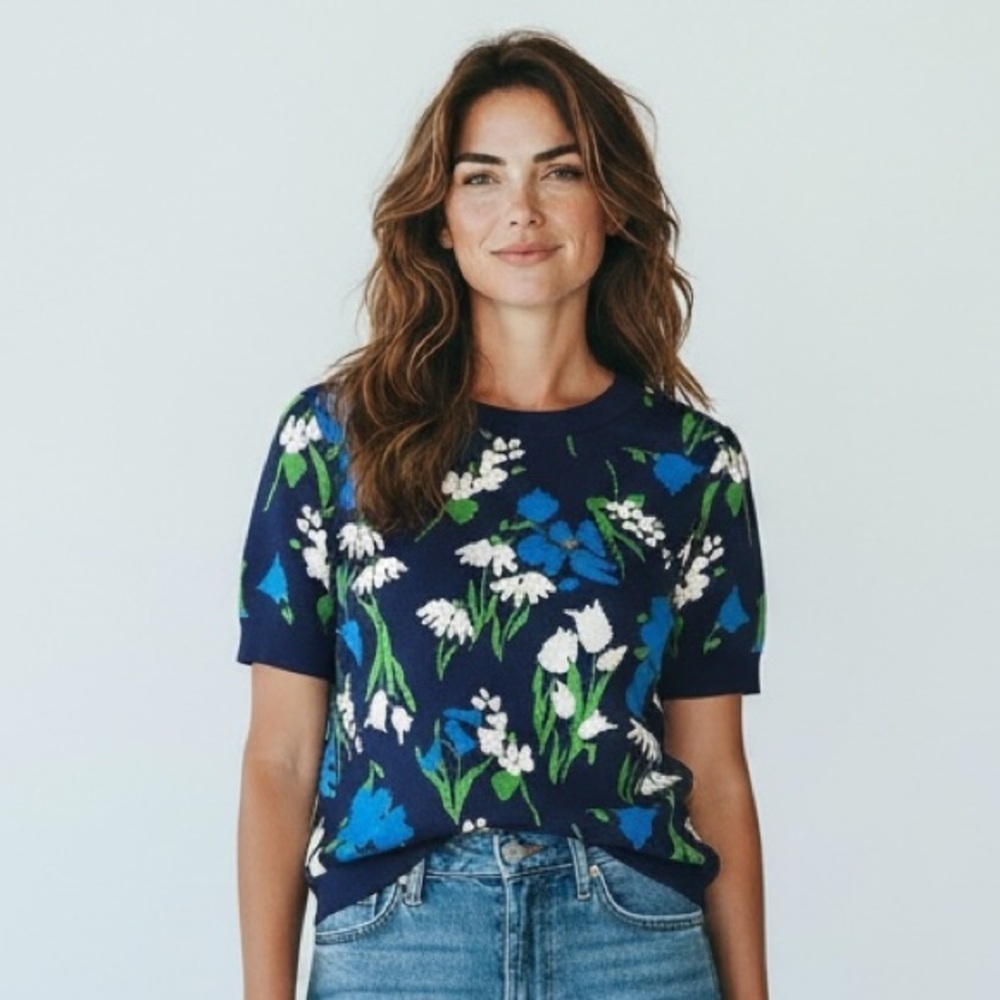 KATE SPADE x Target Floral Knit Short Sleeve Top Navy Green Sweater Shirt XS NWT